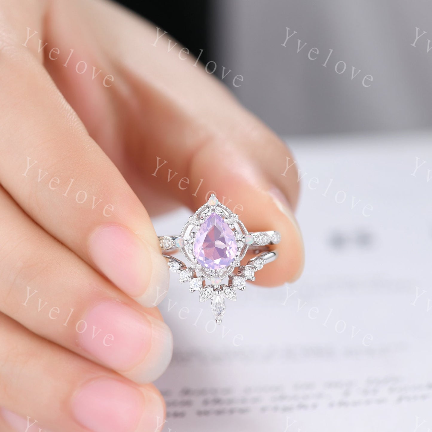 Vintage Lavender Amethyst Engagement Ring Set,6x8mm Pear Amethyst Bridal Set,V Curved Moissanite Stacking Band,Women Rings Gift,Platinum