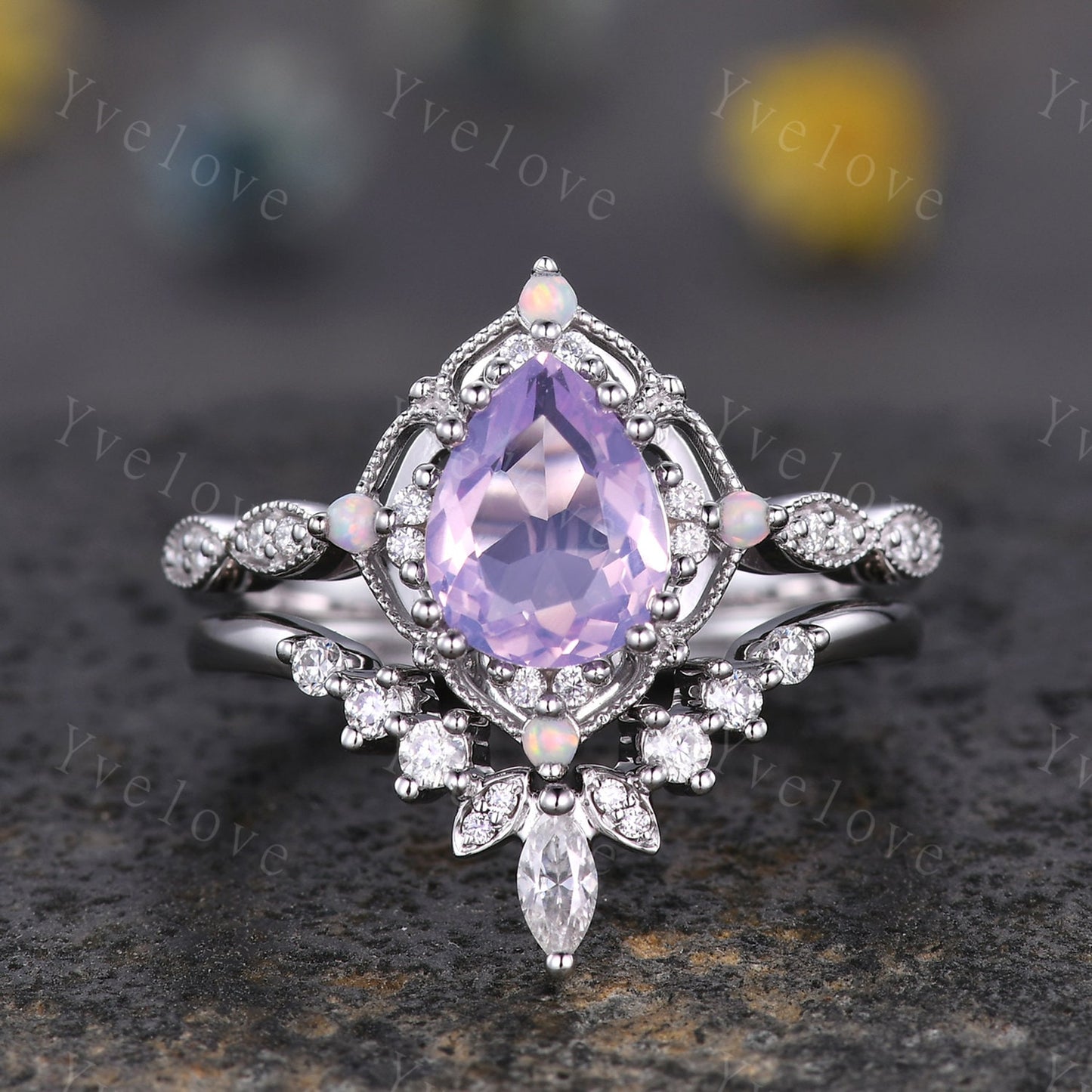 Vintage Lavender Amethyst Engagement Ring Set,6x8mm Pear Amethyst Bridal Set,V Curved Moissanite Stacking Band,Women Rings Gift,Platinum