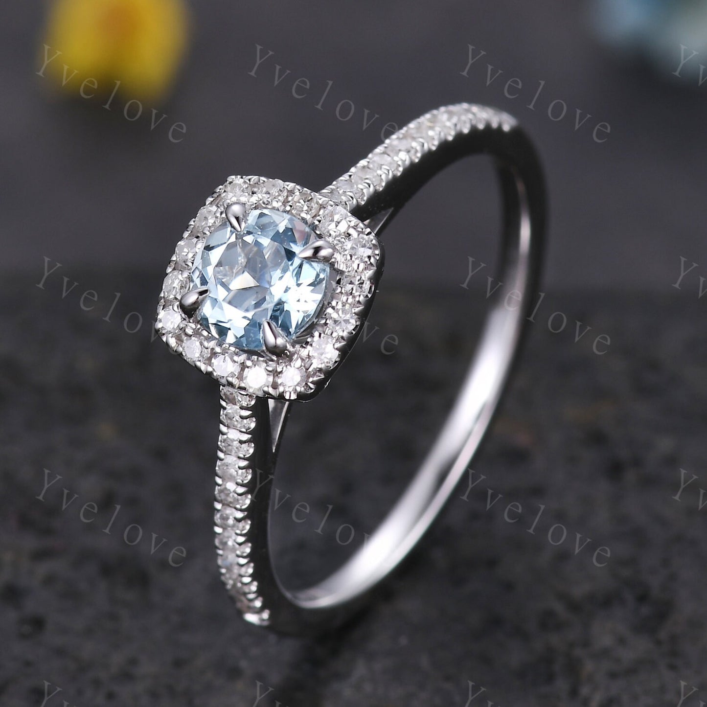 Hidden Halo aquamarine ring 5mm round cut aquamarine diamond engagement ring elegant promise anniversary ring March birthday present for her