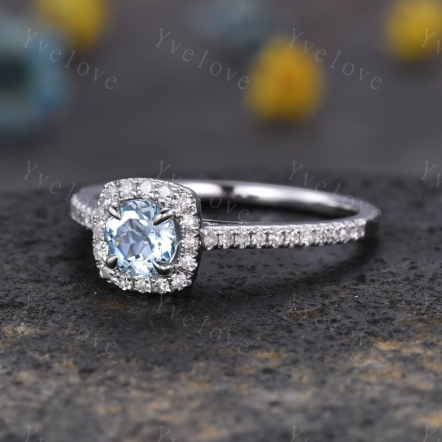 Hidden Halo aquamarine ring 5mm round cut aquamarine diamond engagement ring elegant promise anniversary ring March birthday present for her
