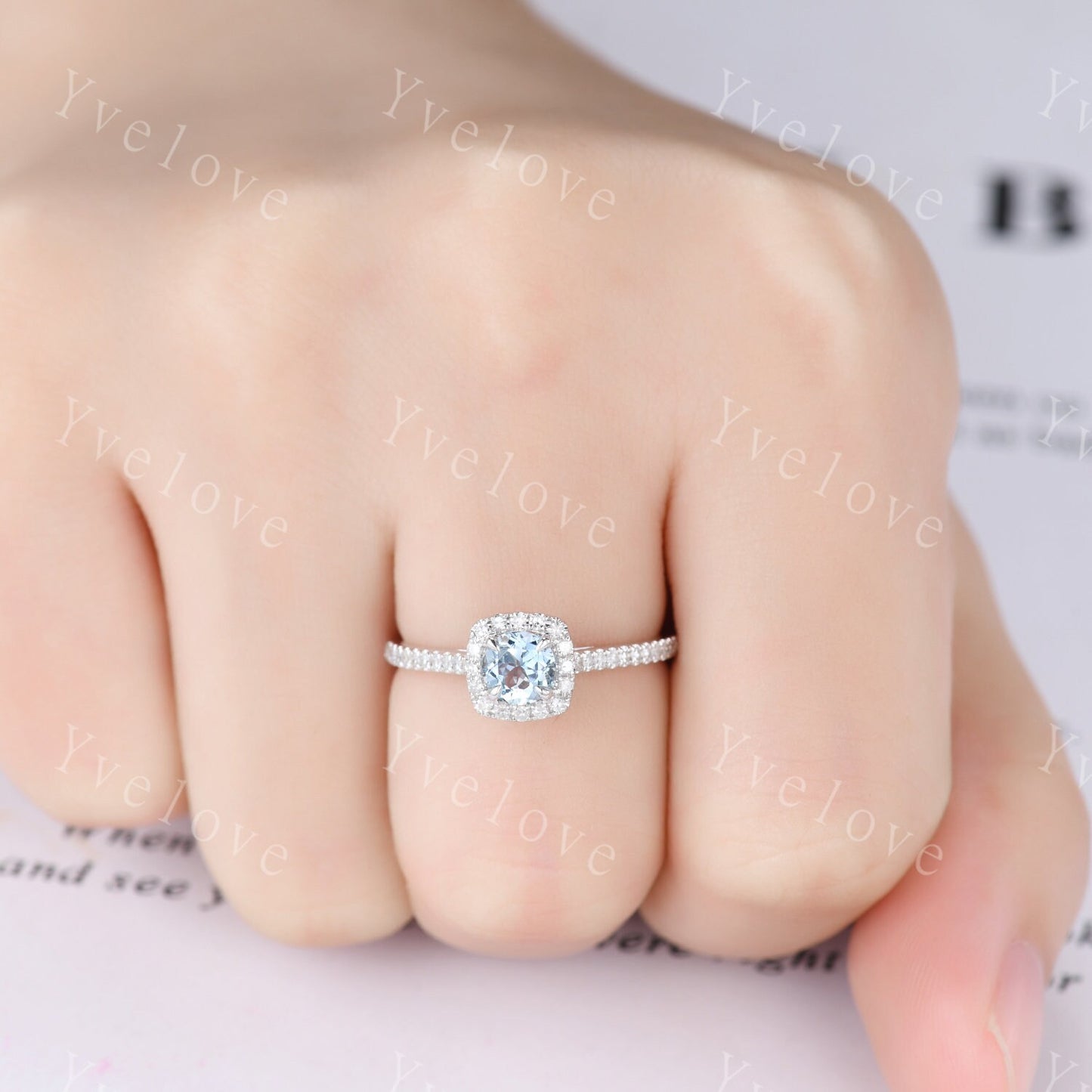Hidden Halo aquamarine ring 5mm round cut aquamarine diamond engagement ring elegant promise anniversary ring March birthday present for her