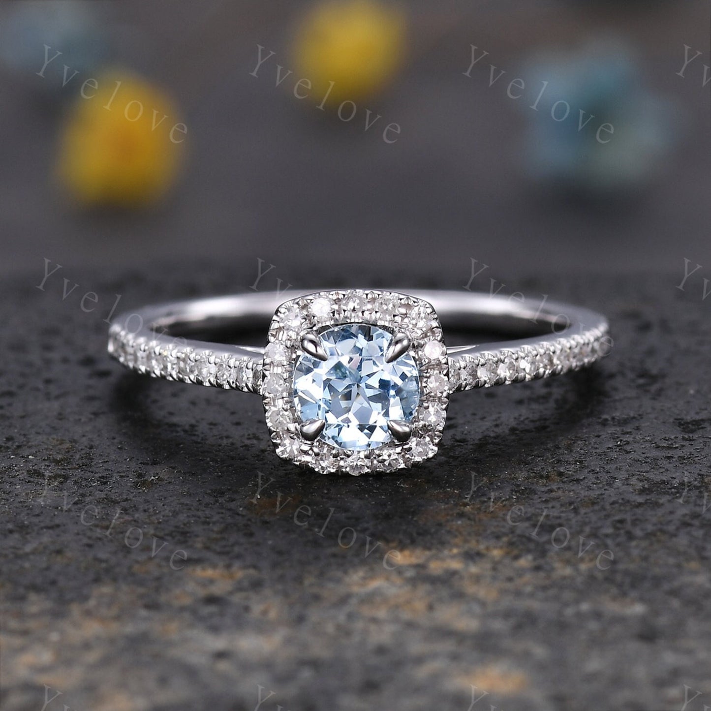 Hidden Halo aquamarine ring 5mm round cut aquamarine diamond engagement ring elegant promise anniversary ring March birthday present for her