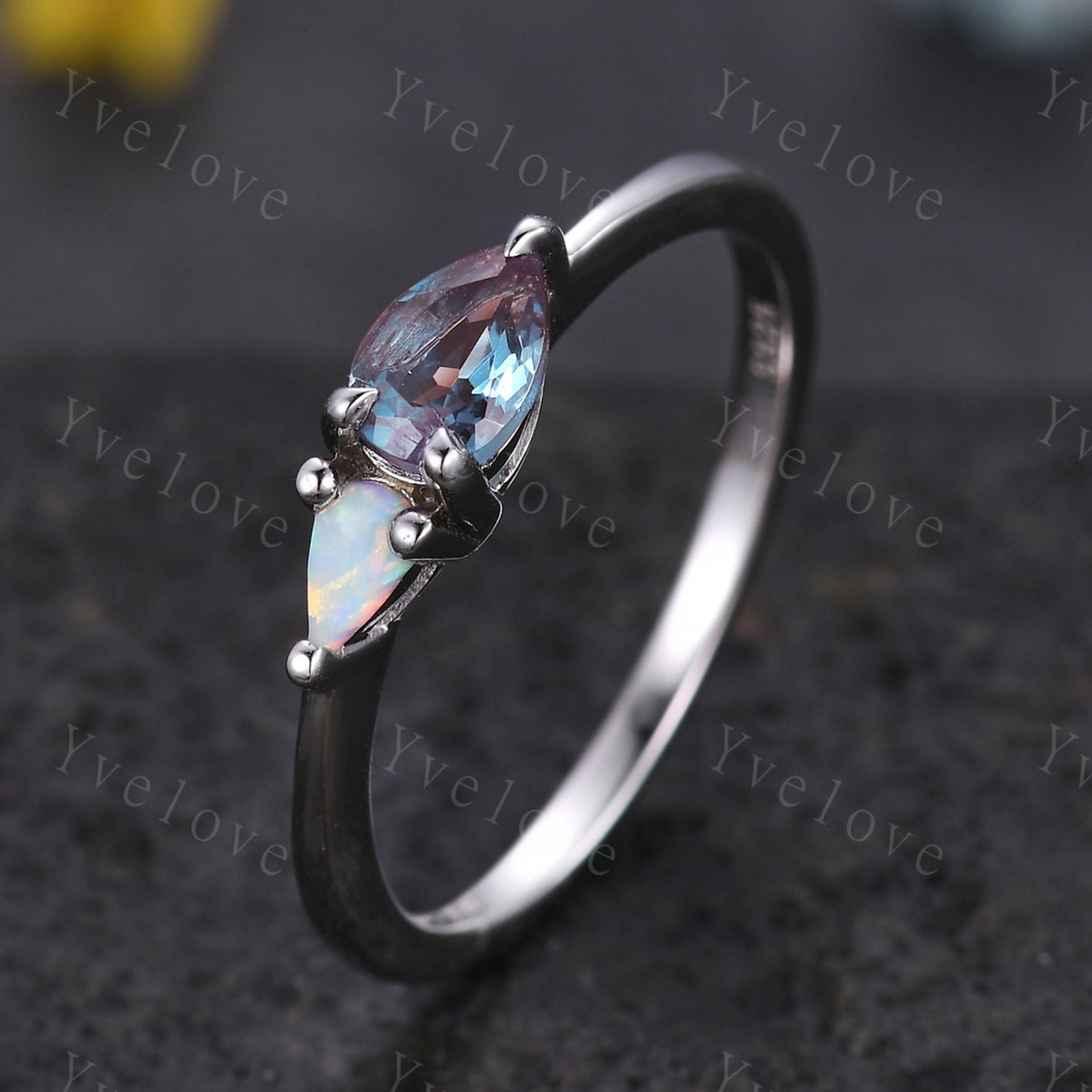 Vintage Alexandrite Opal Engagement Ring,Pear Cut Gems,Art Deco Alexandrite Wedding Band,Unique Women Bridal Promise Ring,Silver Black Band