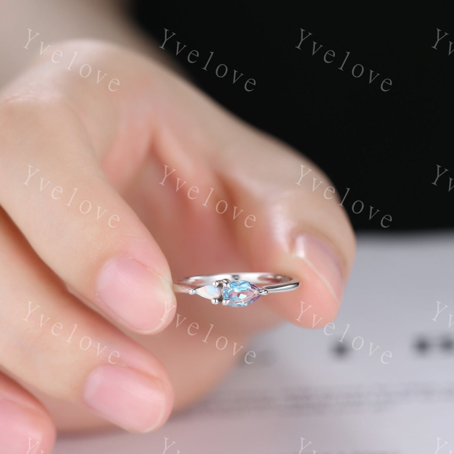 Vintage Alexandrite Opal Engagement Ring,Pear Cut Gems,Art Deco Alexandrite Wedding Band,Unique Women Bridal Promise Ring,Customized Gift