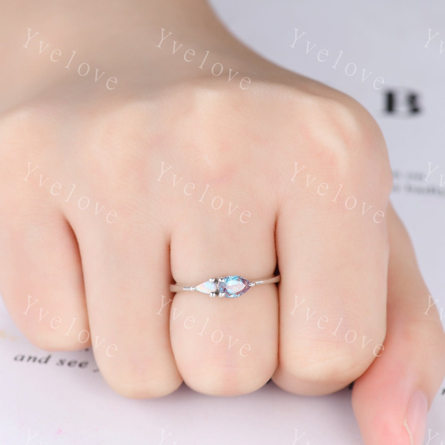 Vintage Alexandrite Opal Engagement Ring,Pear Cut Gems,Art Deco Alexandrite Wedding Band,Unique Women Bridal Promise Ring,Silver Black Band