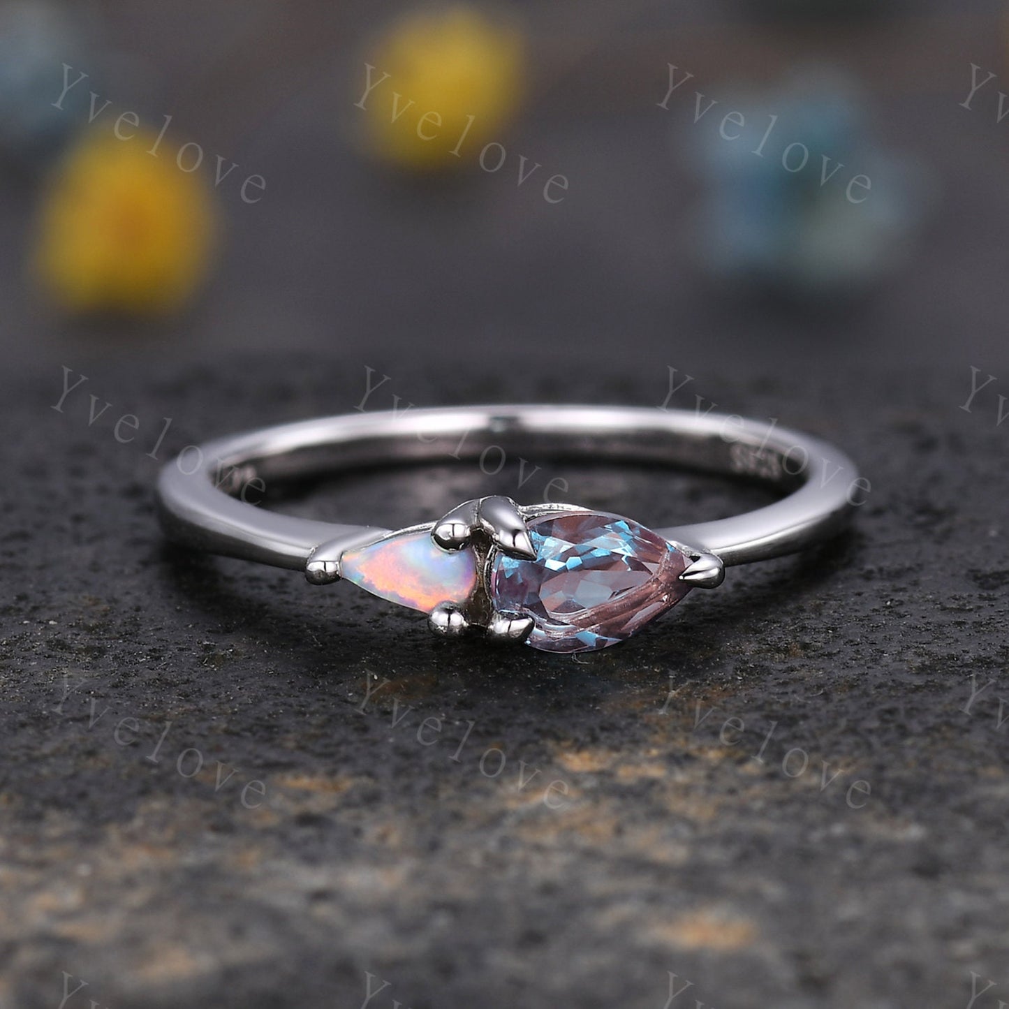 Vintage Alexandrite Opal Engagement Ring,Pear Cut Gems,Art Deco Alexandrite Wedding Band,Unique Women Bridal Promise Ring,Silver Black Band