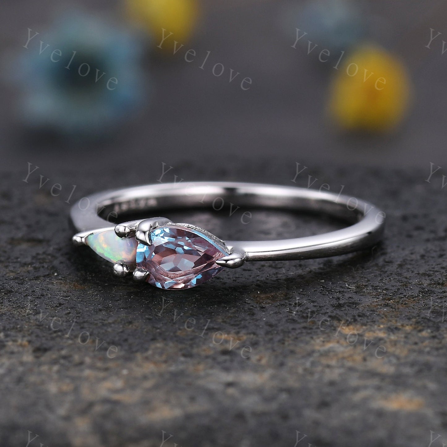 Vintage Alexandrite Opal Engagement Ring,Pear Cut Gems,Art Deco Alexandrite Wedding Band,Unique Women Bridal Promise Ring,Customized Gift