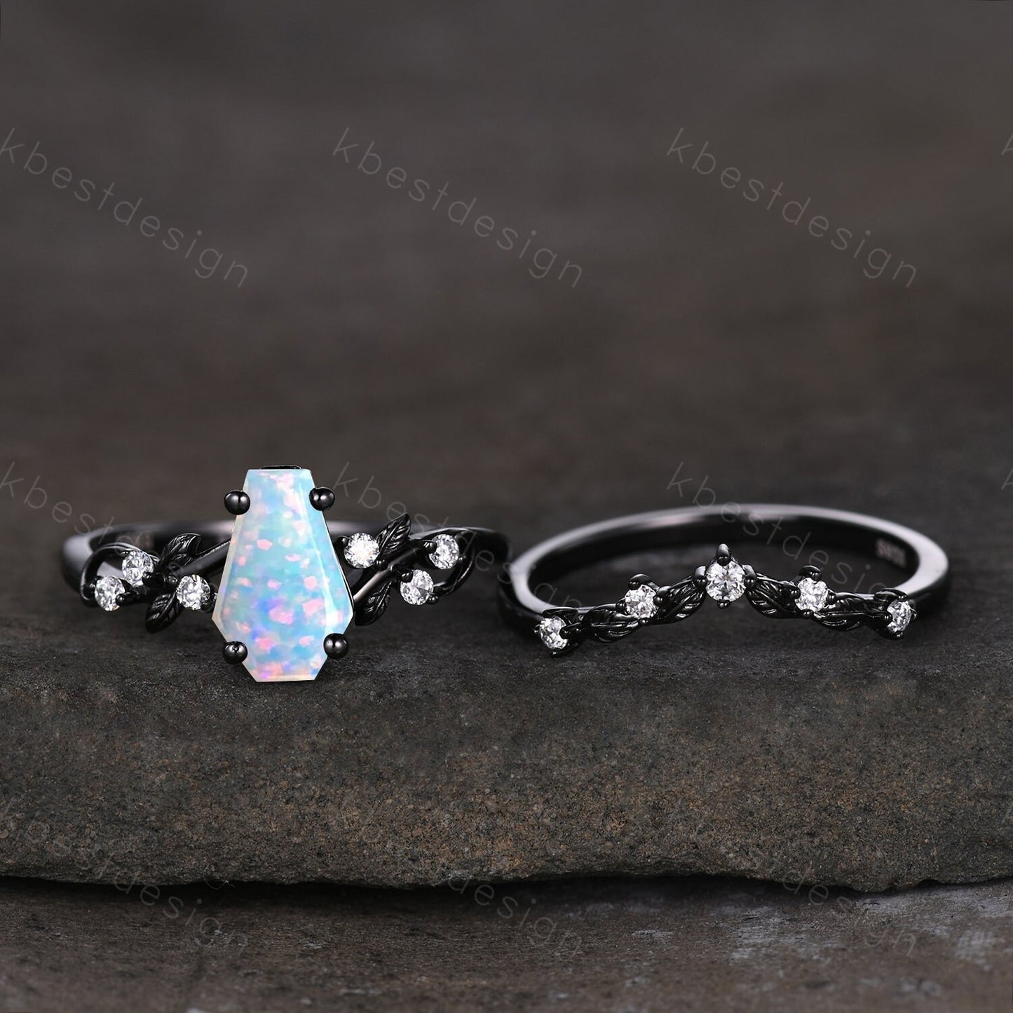 Vintage coffin white opal engagement ring set black gold twig leaf moissanite ring October birthstone ring unique bridal wedding ring set