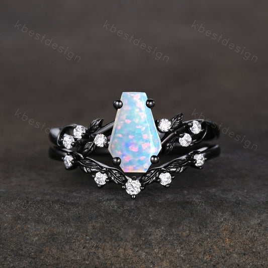 Vintage coffin white opal engagement ring set black gold twig leaf moissanite ring October birthstone ring unique bridal wedding ring set