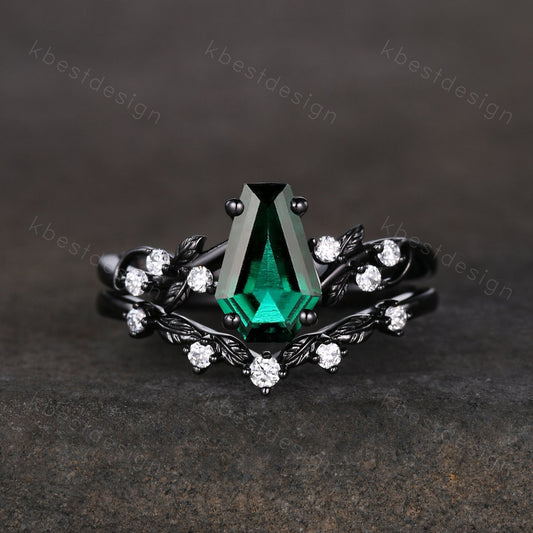 Vintage coffin green emerald engagement ring set black gold twig leaf moissanite ring May birthstone ring unique bridal wedding ring set