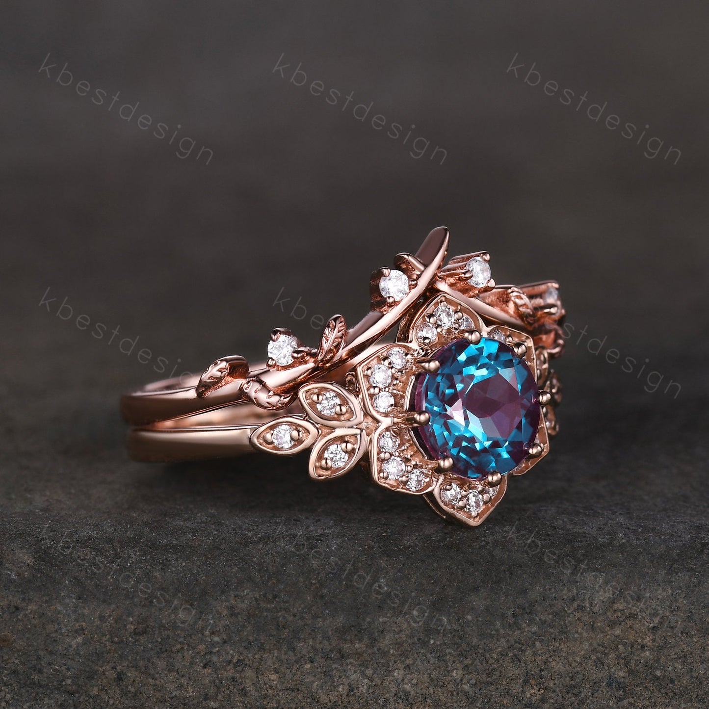 Vintage round Alexandrite engagement ring set antique moissanite halo ring rose gold twig wedding ring June Birthstone ring Promise ring set