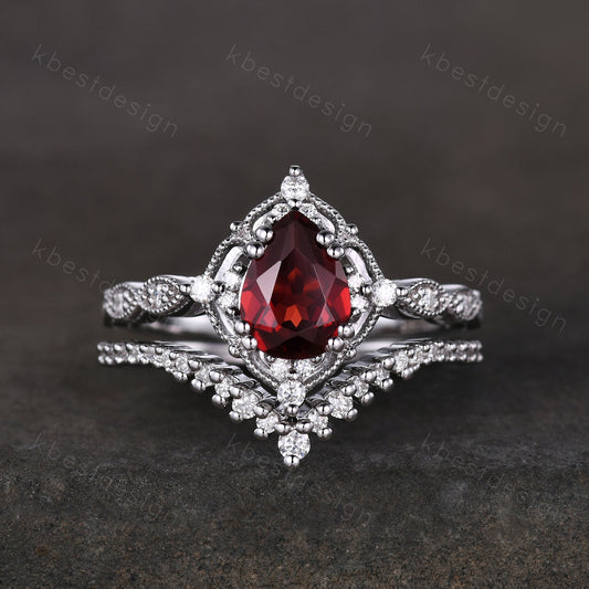 Vintage garnet engagement ring silver ring art deco curved stacking band pear cut bridal set unique moissanite wedding set anniversary gift