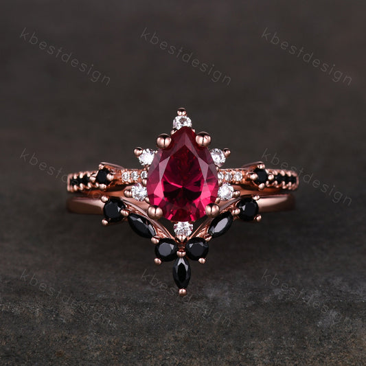 Vintage ruby engagement ring rose gold ring art deco curved black spinel wedding band pear cut bridal set unique anniversary wedding set