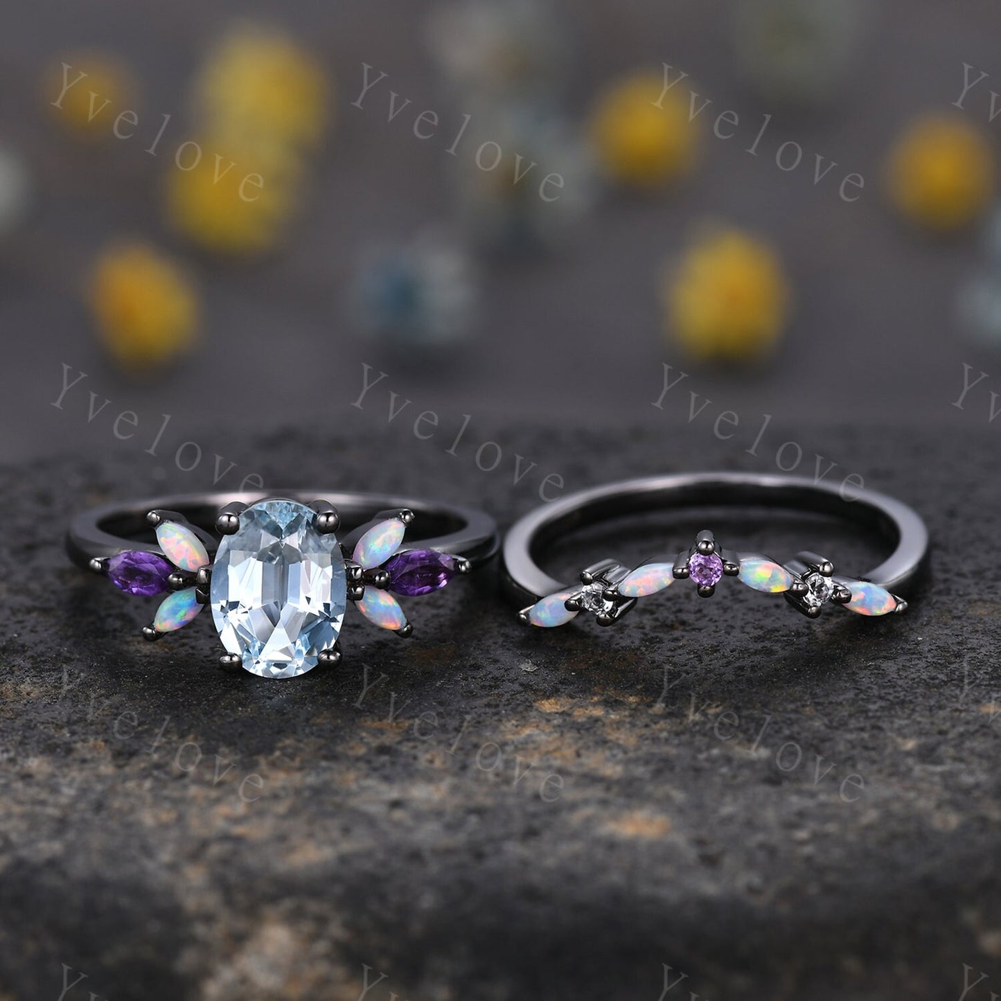 Vintage Aquamarine Engagement Ring set Unique Black Gold Oval Cut Bridal set Art deco Amethyst curved stacking band promise anniversary ring