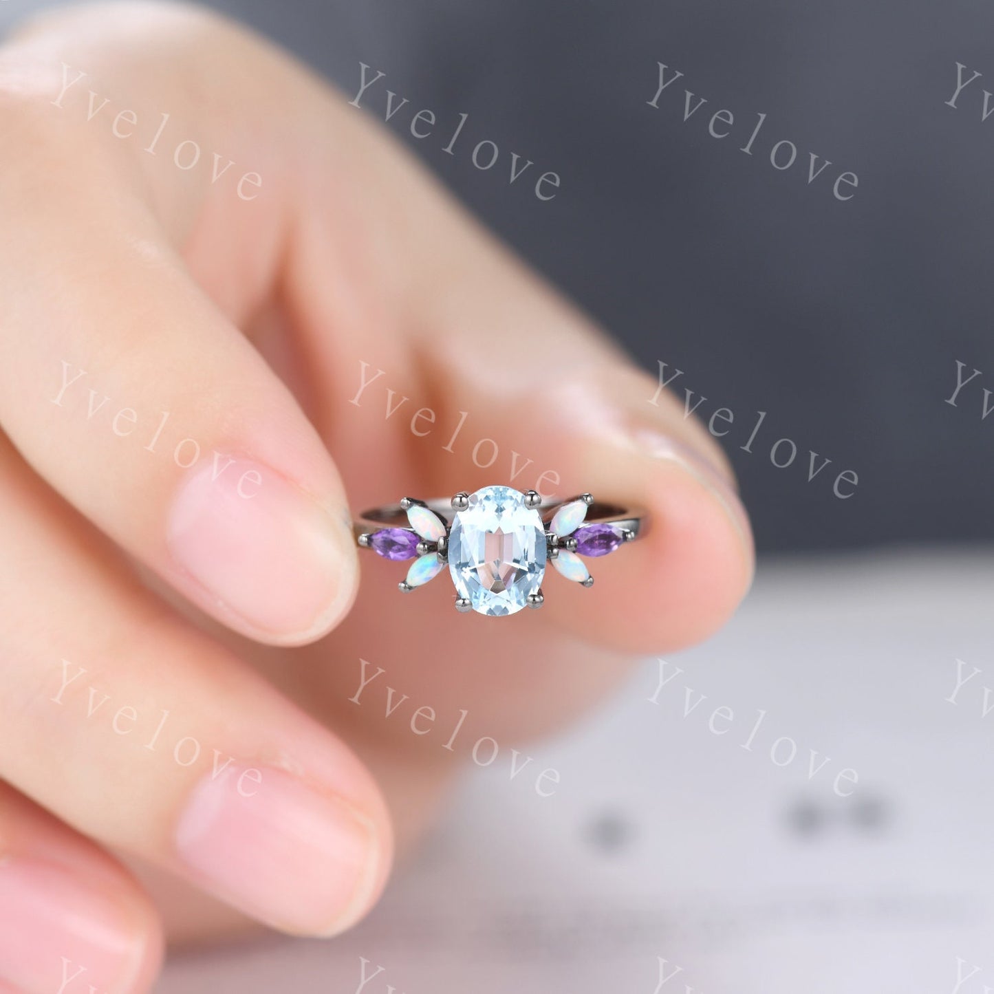 Vintage Aquamarine Engagement Ring set Unique Black Gold Oval Cut Bridal set Art deco Amethyst curved stacking band promise anniversary ring