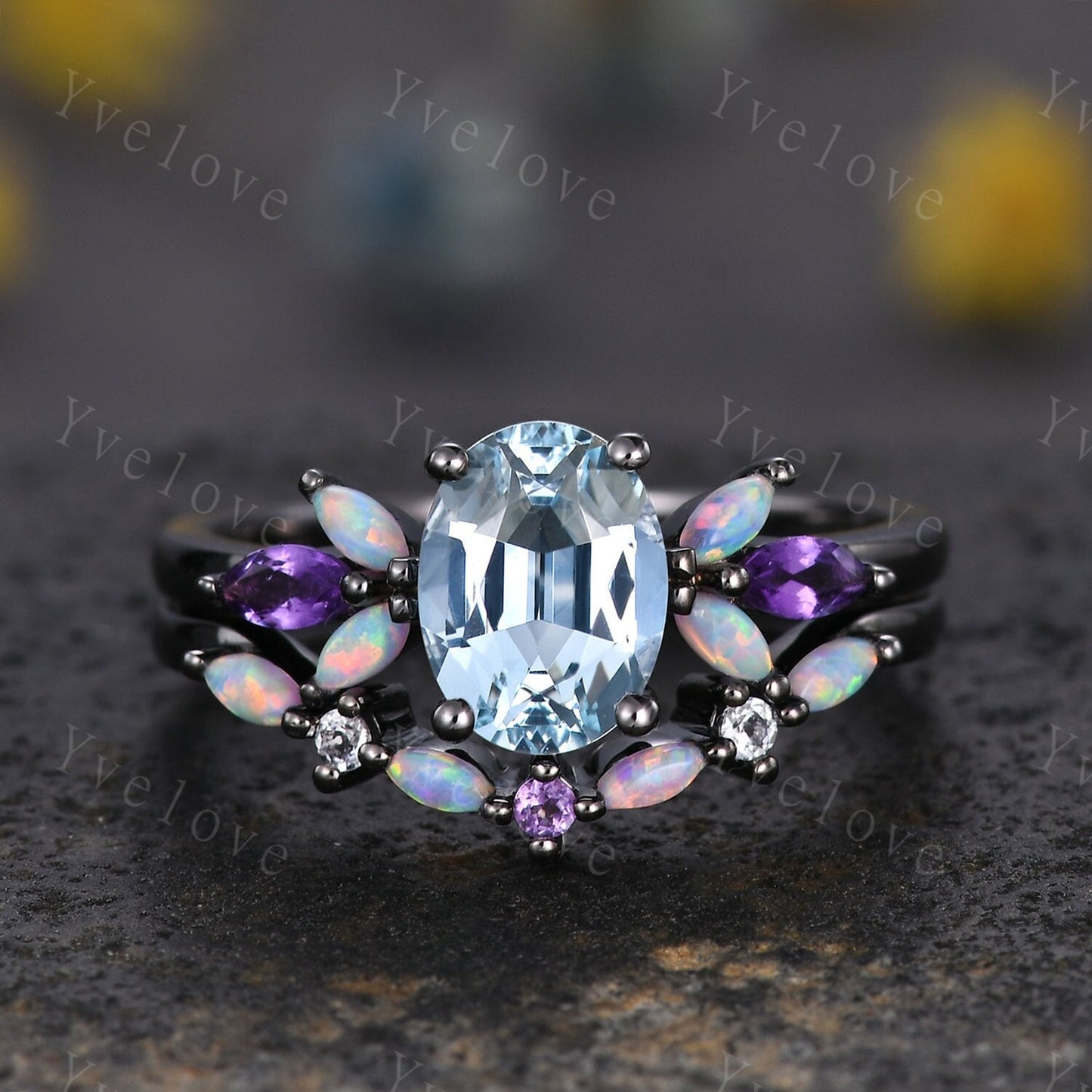 Vintage Blue Aquamarine Engagement Ring Black Gold Oval Cut Gem Bridal Ring Art deco Amethyst Opal stacking band women promise birthday gift