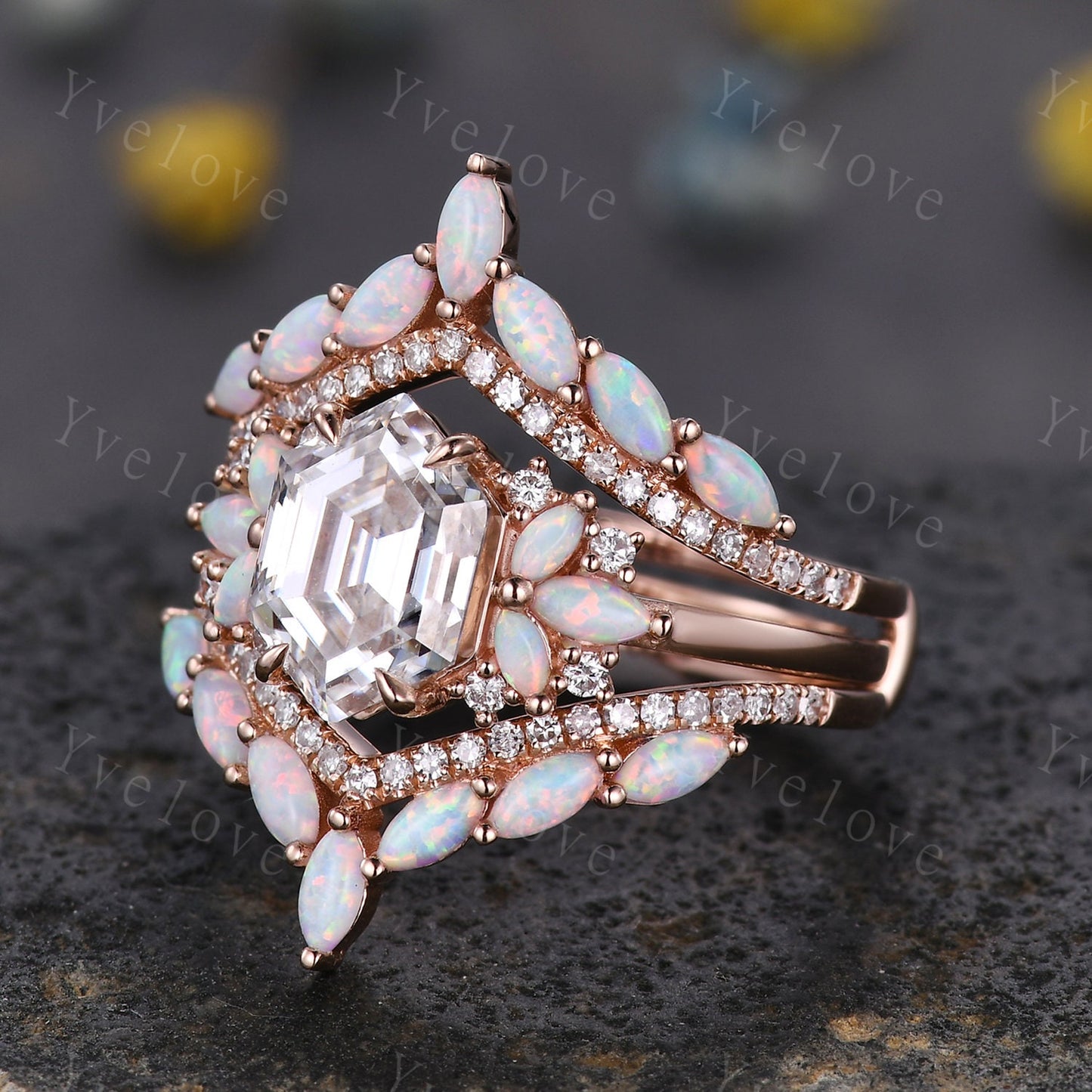 Vintage Hexagon Moissanite Opal engagement ring set,Unique Marquise Opal enhancer band,Rose Gold,Women Bridal Wedding Band,Statement Ring