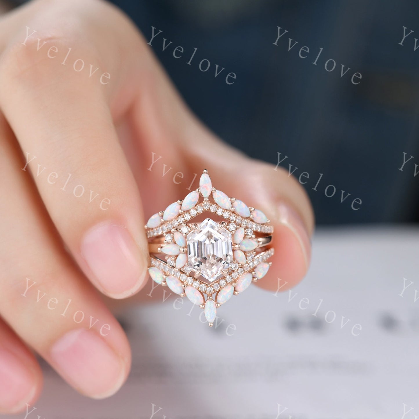 Vintage Hexagon Moissanite Opal engagement ring set,Unique Marquise Opal enhancer band,Rose Gold,Women Bridal Wedding Band,Statement Ring