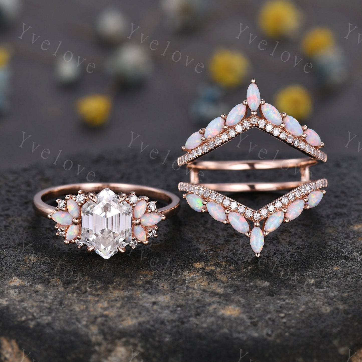 Vintage Hexagon Moissanite Opal engagement ring set,Unique Marquise Opal enhancer band,Rose Gold,Women Bridal Wedding Band,Statement Ring