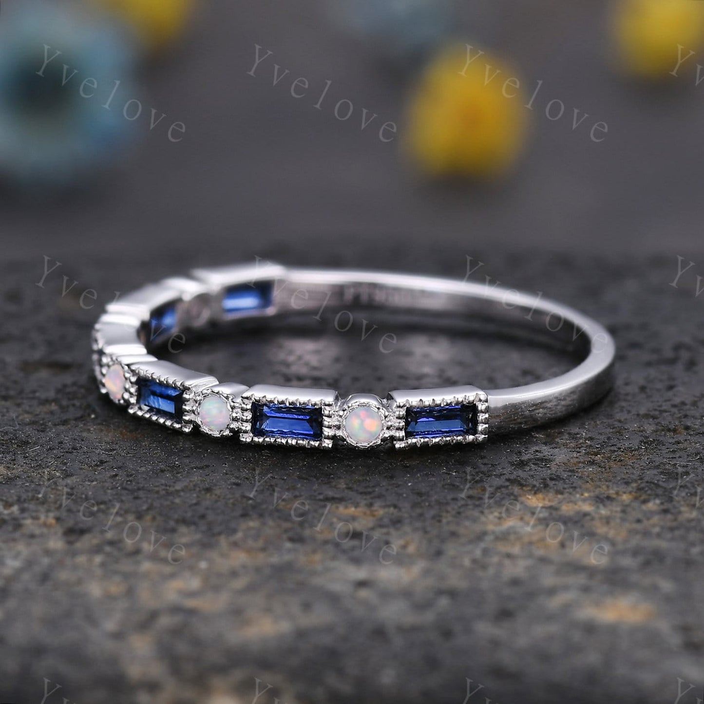 Unique Sapphire opal wedding band baguette cut sapphire white opal engagement ring vintage stacking Band sterling silver promise ring gift