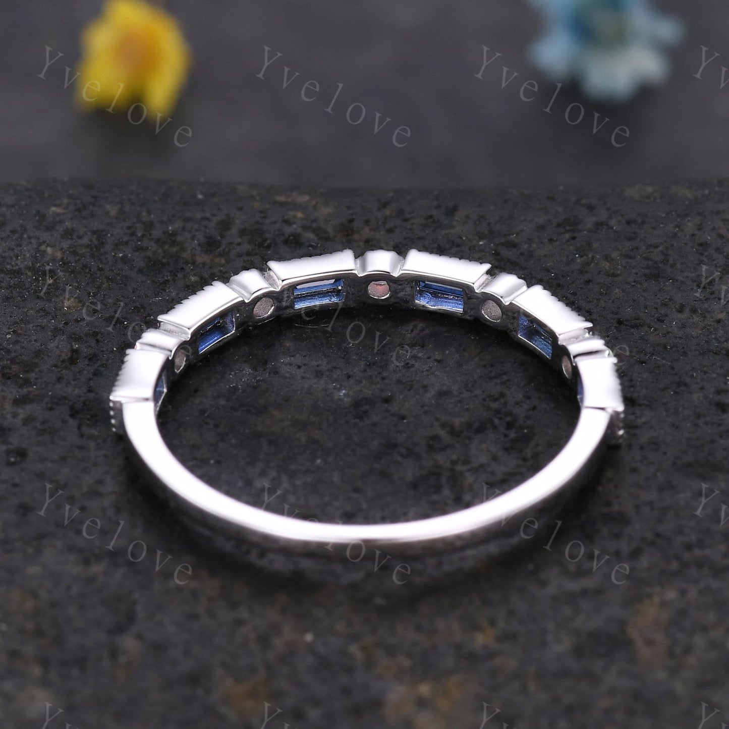 Unique Sapphire opal wedding band baguette cut sapphire white opal engagement ring vintage stacking Band sterling silver promise ring gift