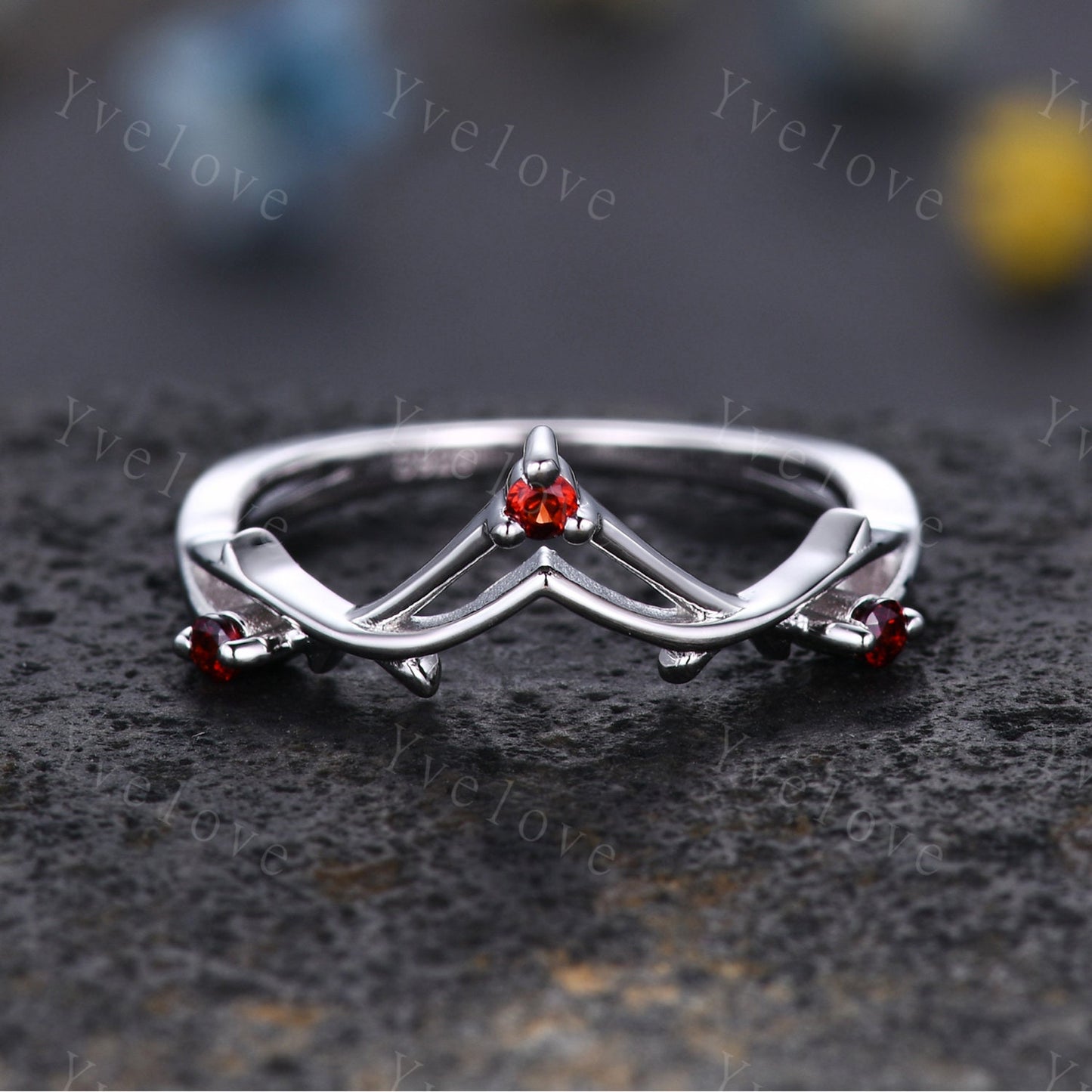 Minimalist Red Garnet Twig Engagement Ring,Twig Matching Band,Women Vine Band,Art Deco V Curved Branch Garnet Wedding Band,White Gold Ring