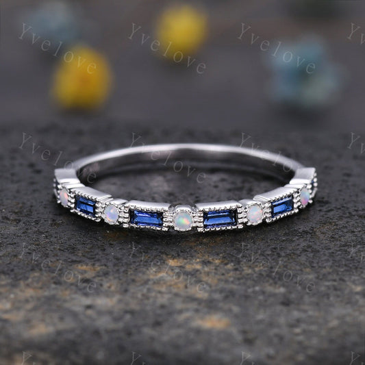 Unique Sapphire opal wedding band baguette cut sapphire white opal engagement ring vintage stacking Band sterling silver promise ring gift