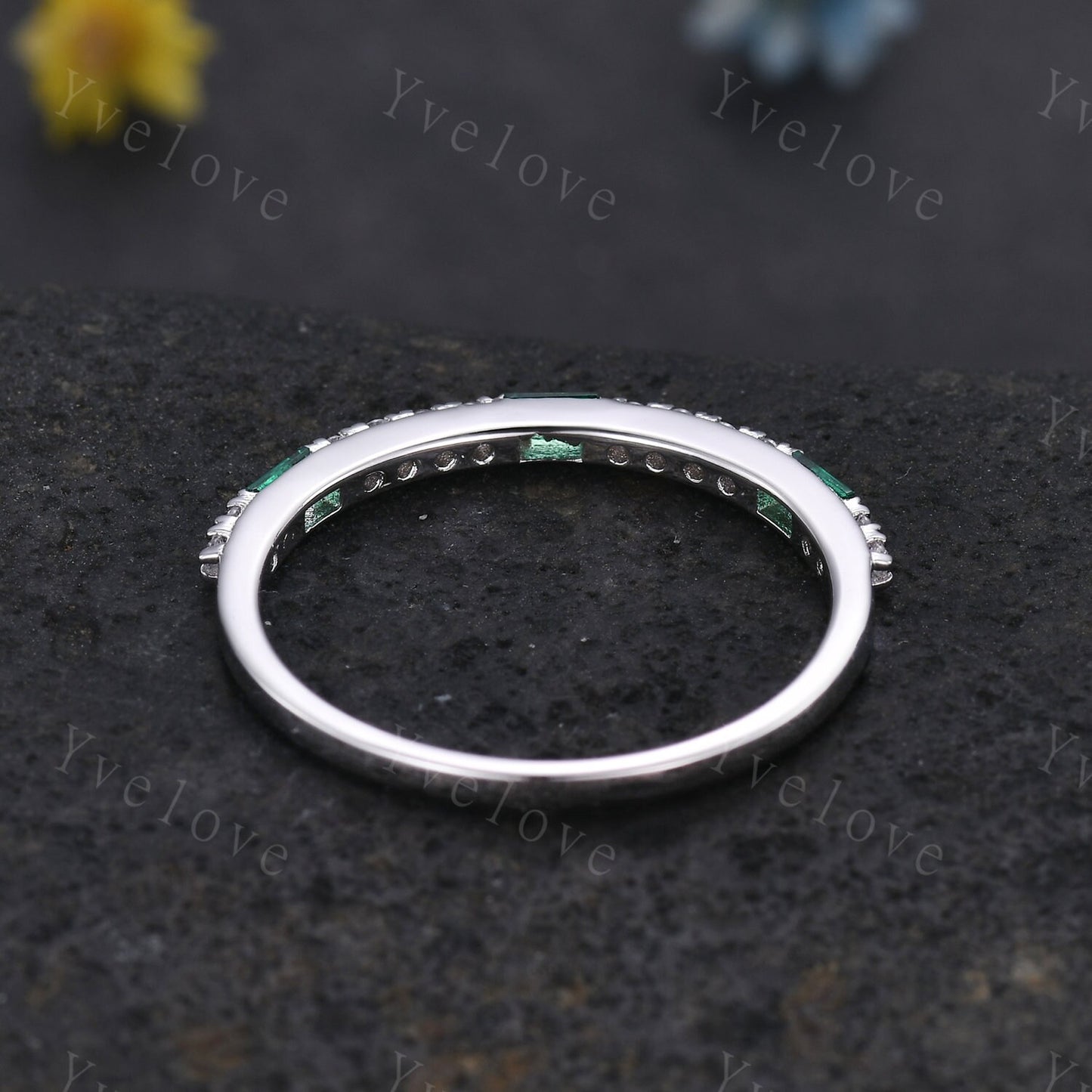 Emerald Ring,Minimalist Stackable Band,Baguette Emerald Diamond Wedding Ring,Half Eternity Wedding Band,Anniversary Stacking Ring,Custom