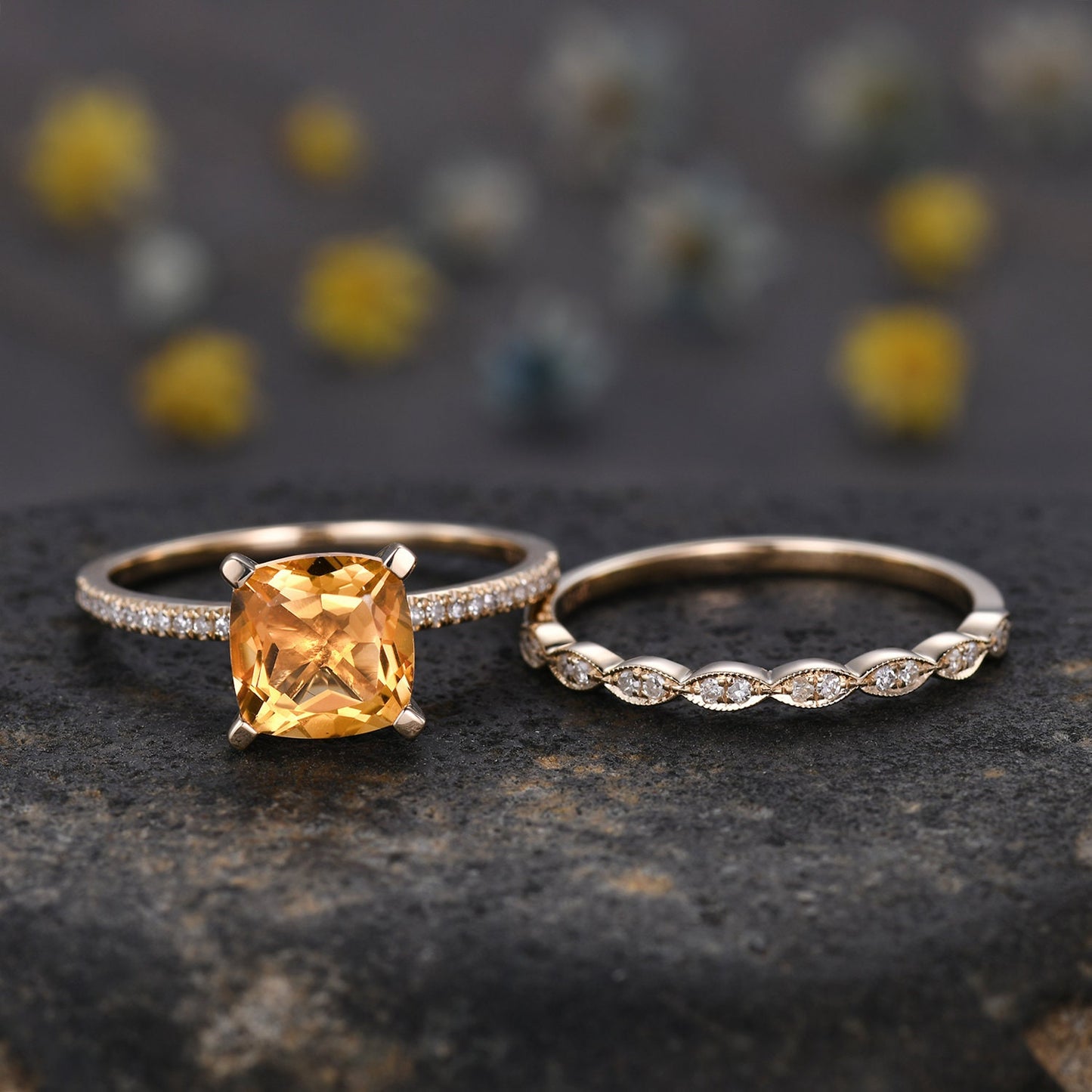 Citrine ring set citrine jewelry 14k yellow gold engagement ring natural gemstone diamond band stacking ring anniversary ring custom jewelry