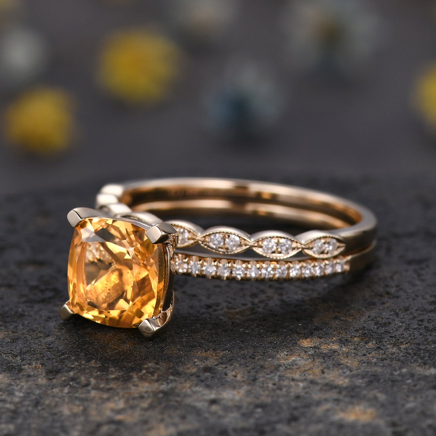 Citrine ring set citrine jewelry 14k yellow gold engagement ring natural gemstone diamond band stacking ring anniversary ring custom jewelry