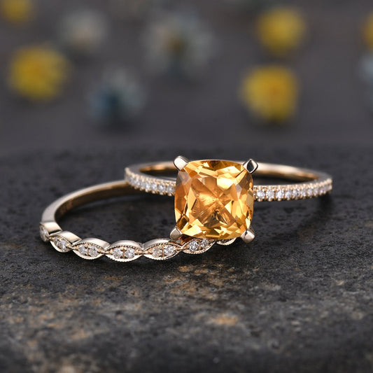 Citrine ring set citrine jewelry 14k yellow gold engagement ring natural gemstone diamond band stacking ring anniversary ring custom jewelry