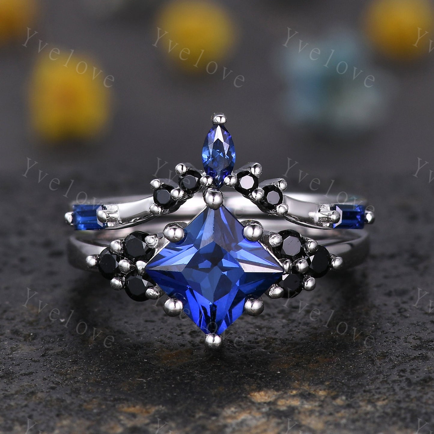 2PCS Vintage Unique Princess Cut Blue Sapphire Engagement Ring Set,Black Spinel Ring,14k white gold,Women Promise Anniversary Ring Set Gift