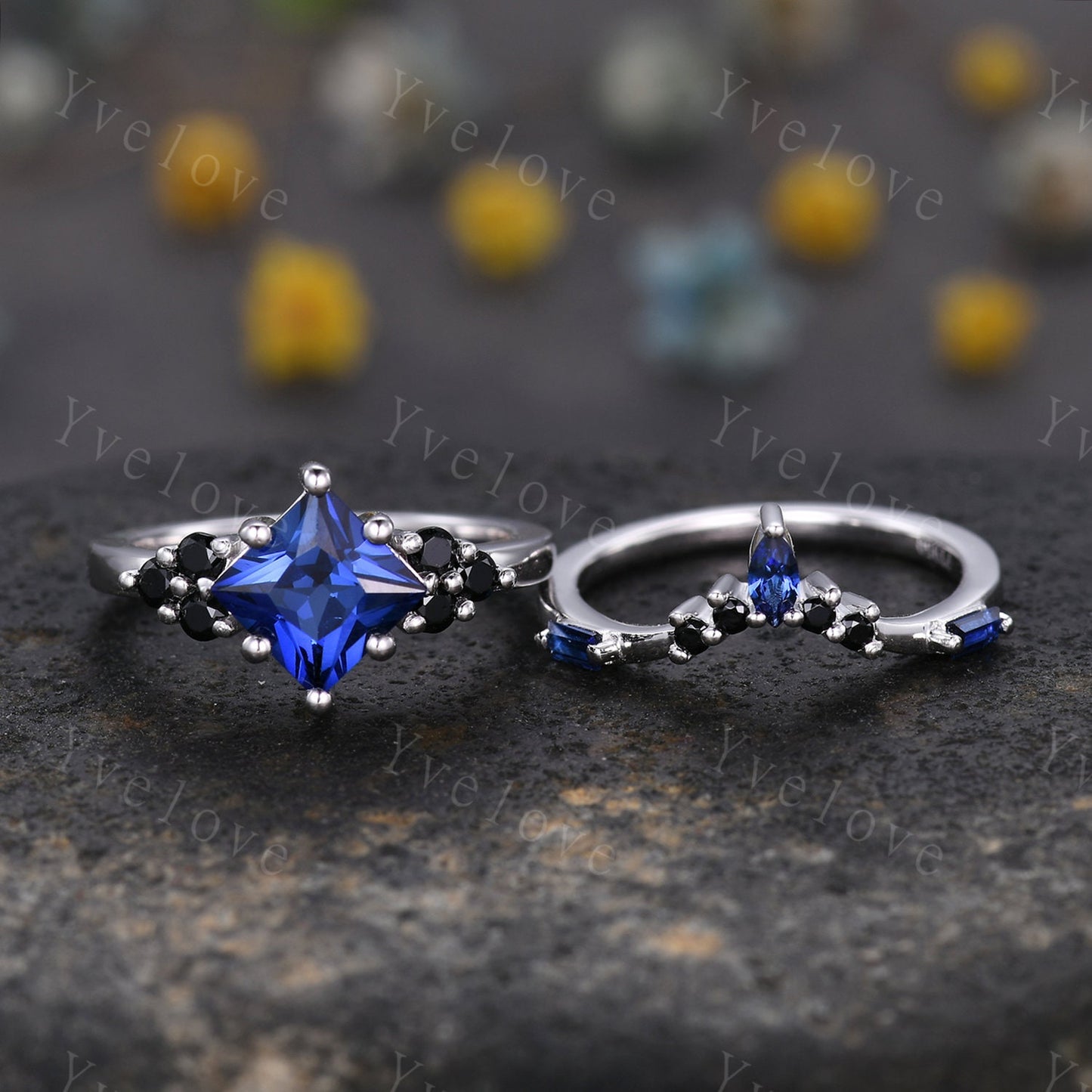 2PCS Vintage Unique Princess Cut Blue Sapphire Engagement Ring Set,Black Spinel Ring,14k white gold,Women Promise Anniversary Ring Set Gift