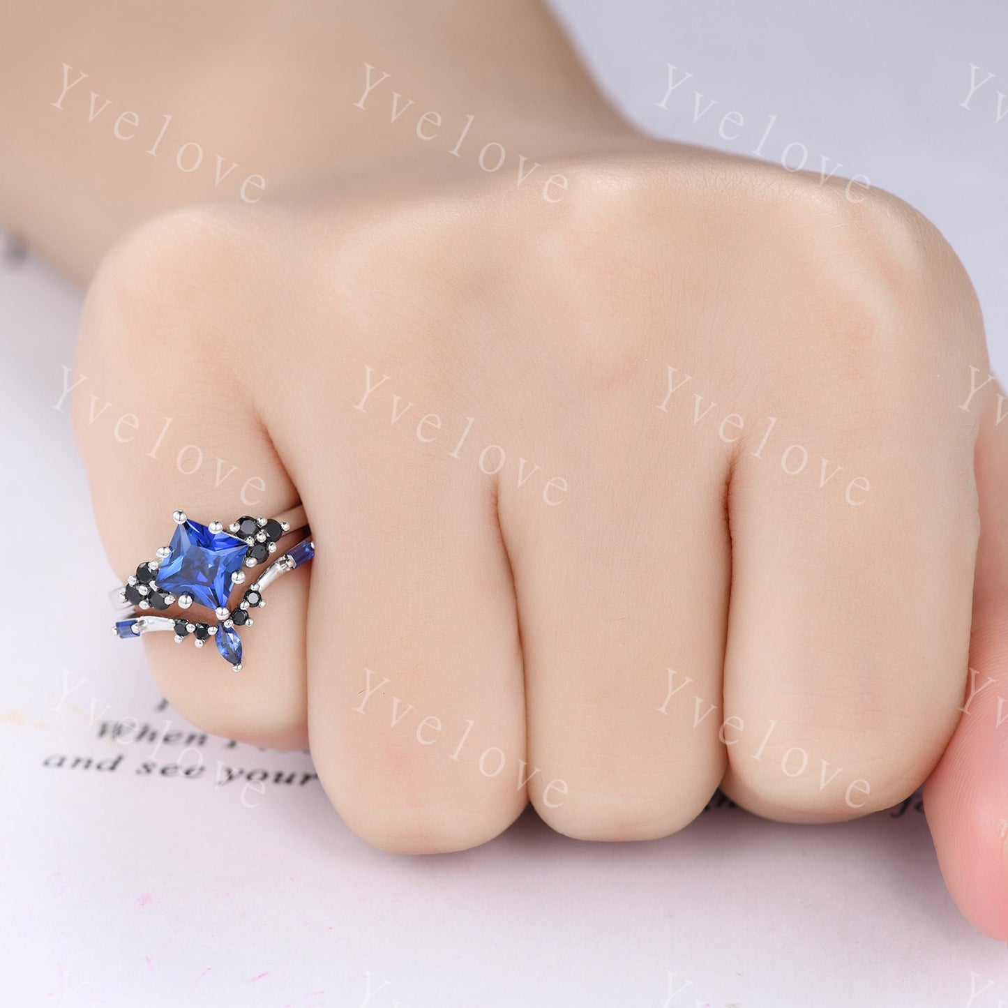 2PCS Vintage Unique Princess Cut Blue Sapphire Engagement Ring Set,Black Spinel Ring,14k white gold,Women Promise Anniversary Ring Set Gift