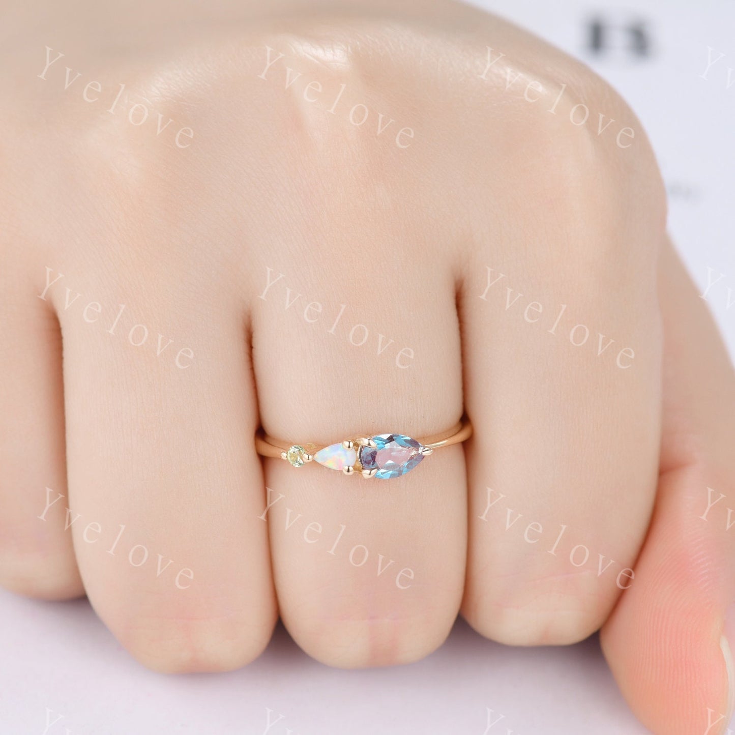 Vintage Alexandrite Opal Engagement Ring,Pear Cut Gems,Art Deco Peridot Wedding Band,3 Stone Unique Women Bridal Promise Ring,14k Gold Ring