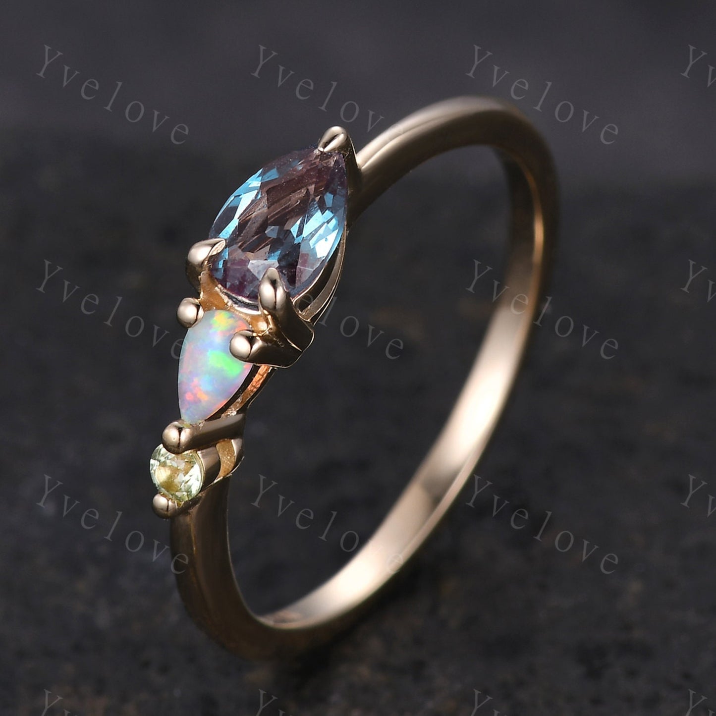 Vintage Alexandrite Opal Engagement Ring,Pear Cut Gems,Art Deco Peridot Wedding Band,3 Stone Unique Women Bridal Promise Ring,14k Gold Ring