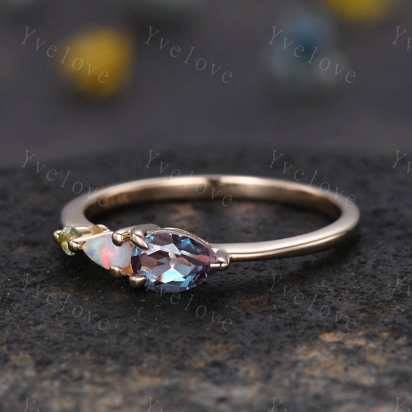 Vintage Alexandrite Opal Engagement Ring,Pear Cut Gems,Art Deco Peridot Wedding Band,3 Stone Unique Women Bridal Promise Ring,14k Gold Ring