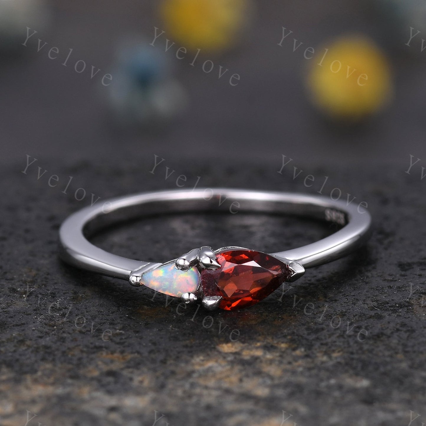 Vintage Red Garnet Opal Engagement Ring,Pear Cut Gems,Art Deco Garnet Opal Wedding Band,Unique Women Bridal Promise Ring,Customized Gift