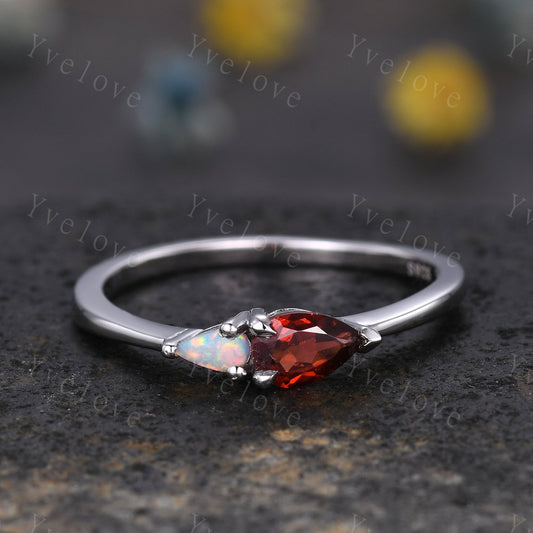 Vintage Red Garnet Opal Engagement Ring,Pear Cut Gems,Art Deco Garnet Opal Wedding Band,Unique Women Bridal Promise Ring,Customized Gift