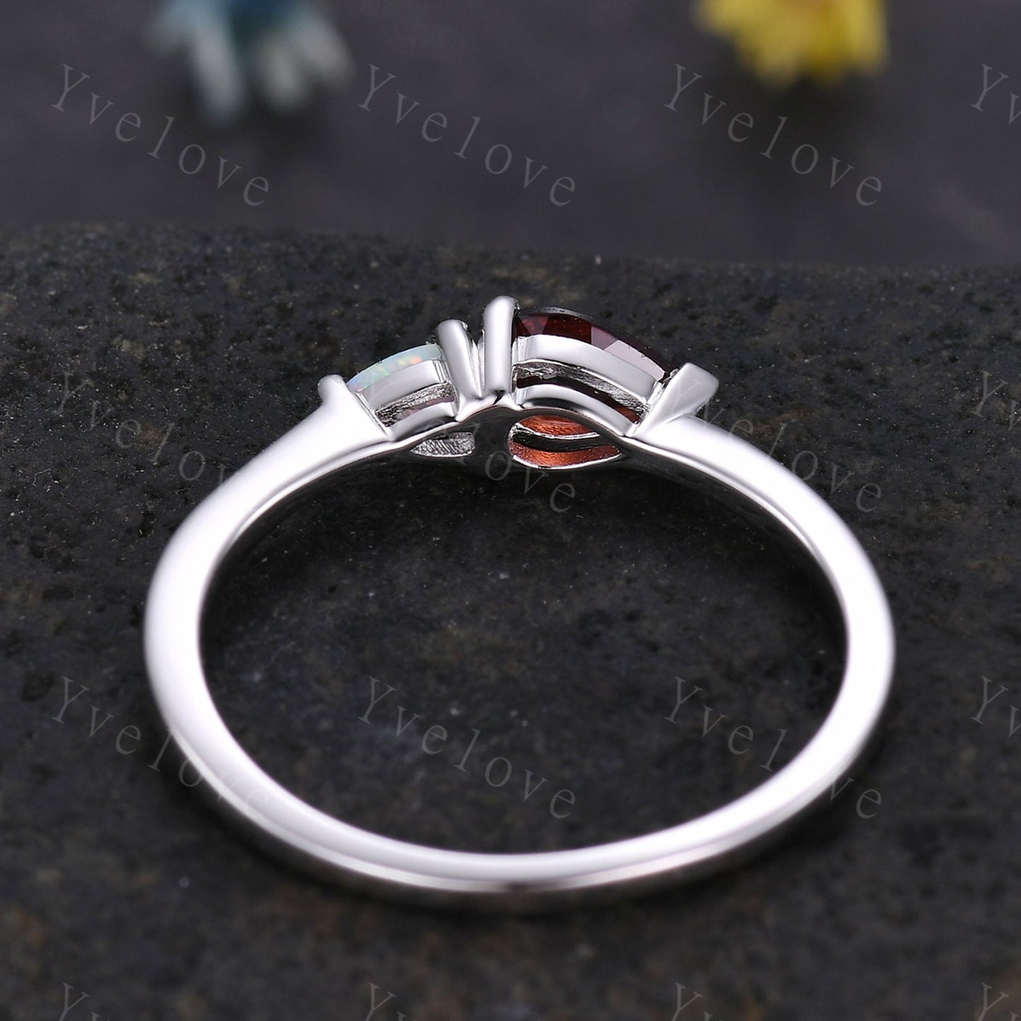 Vintage Red Garnet Opal Engagement Ring,Pear Cut Gems,Art Deco Garnet Opal Wedding Band,Unique Women Bridal Promise Ring,Customized Gift
