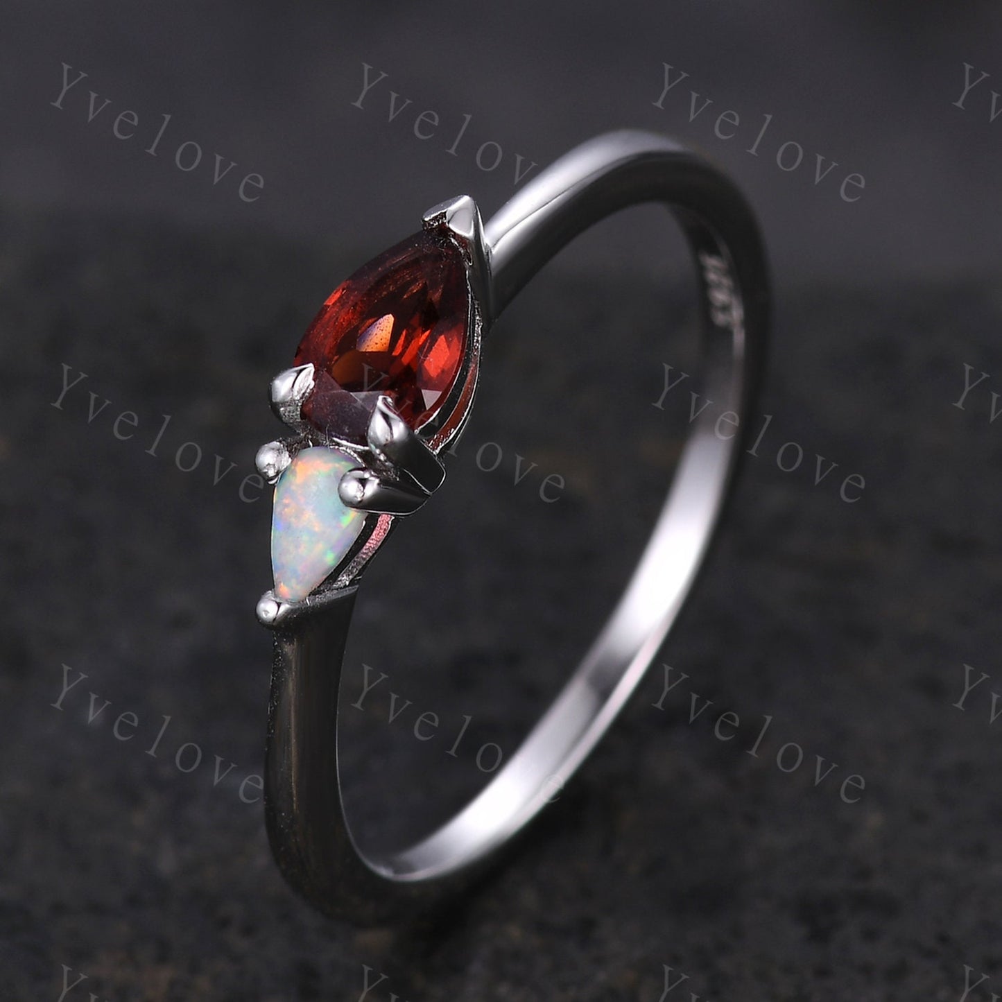 Vintage Red Garnet Opal Engagement Ring,Pear Cut Gems,Art Deco Garnet Opal Wedding Band,Unique Women Bridal Promise Ring,Customized Gift