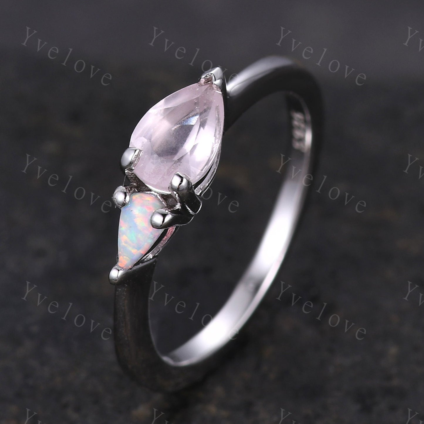 Vintage Rose  Quartz Opal Engagement Ring,Pear Cut Gems,Art Deco White Opal Wedding Band,Unique Women Bridal Promise Ring,Customized Gift