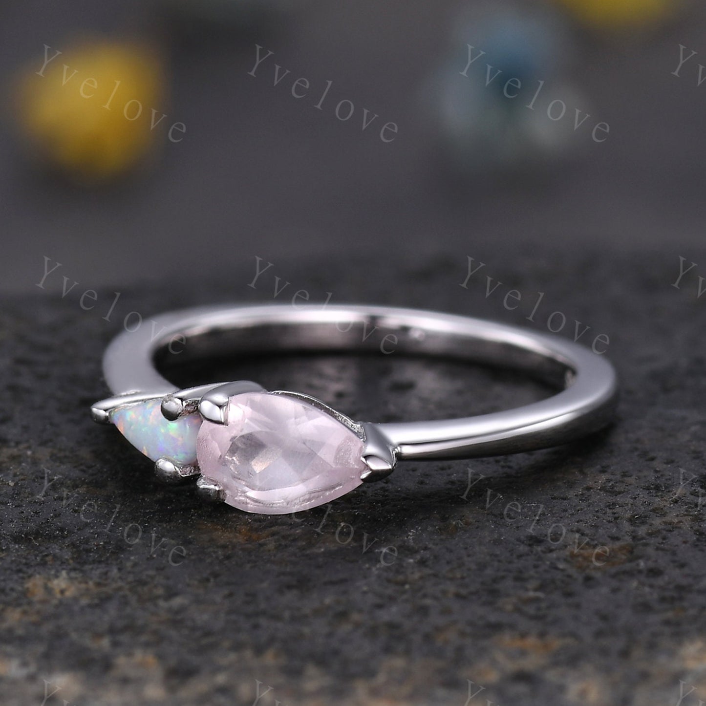 Vintage Rose  Quartz Opal Engagement Ring,Pear Cut Gems,Art Deco White Opal Wedding Band,Unique Women Bridal Promise Ring,Customized Gift