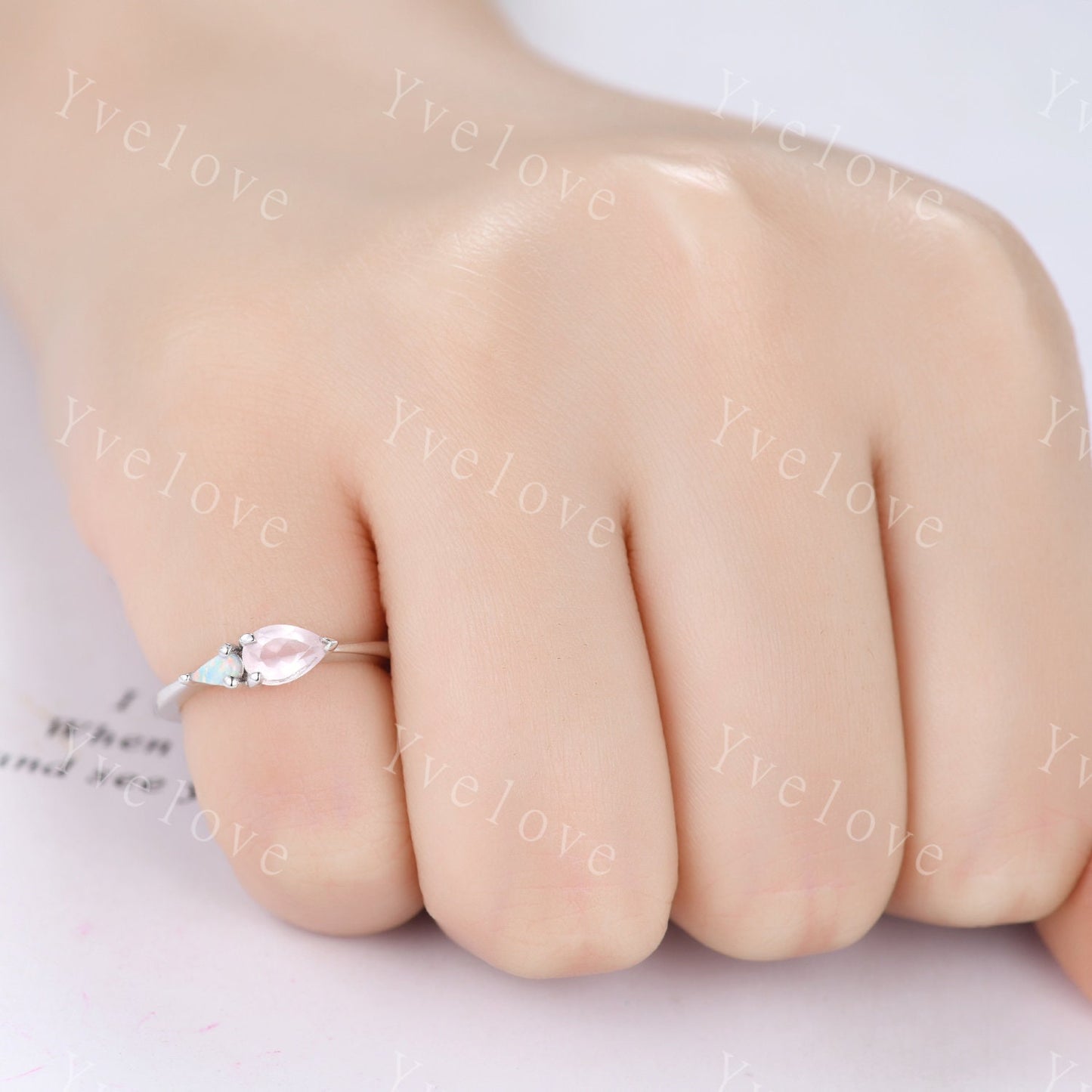 Vintage Rose  Quartz Opal Engagement Ring,Pear Cut Gems,Art Deco White Opal Wedding Band,Unique Women Bridal Promise Ring,Customized Gift