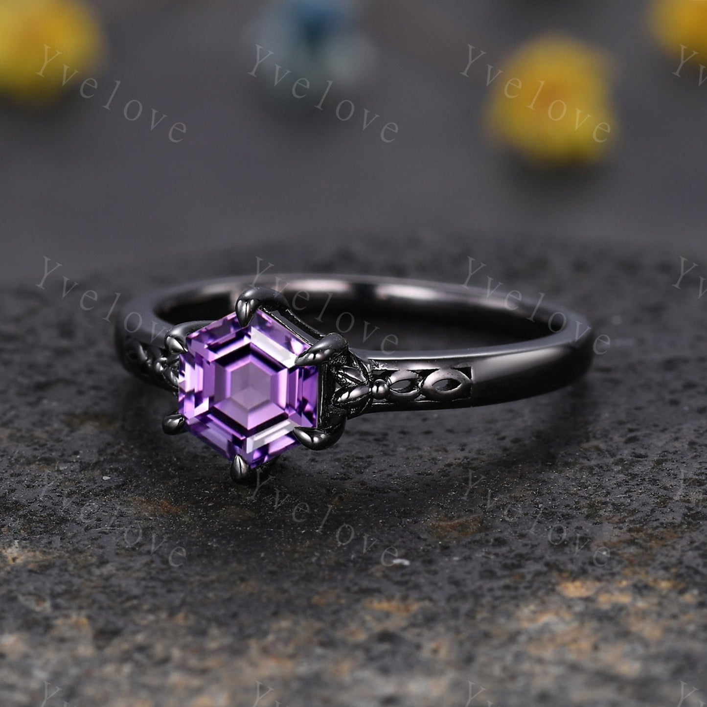 Hexagon Shaped Amethyst Engagement Ring Set Black Silver Band Vintage Amethyst Wedding Ring Enhancer Band Art Deco Bridal Set For Women