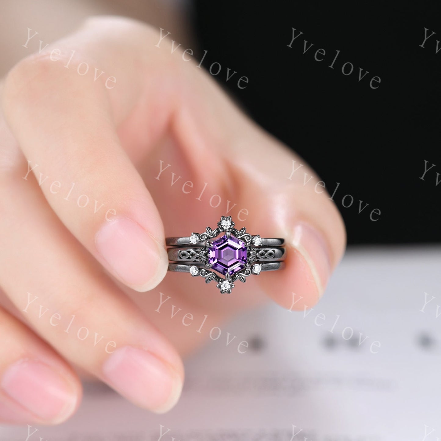 Hexagon Shaped Amethyst Engagement Ring Set Black Silver Band Vintage Amethyst Wedding Ring Enhancer Band Art Deco Bridal Set For Women