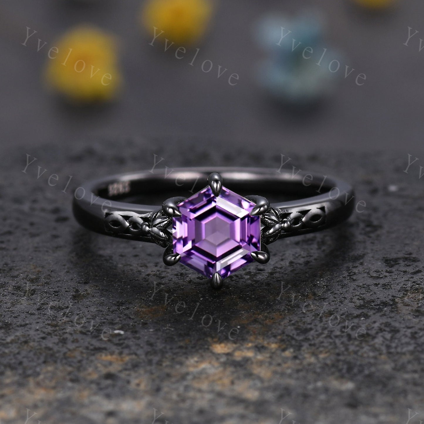 Hexagon Shaped Amethyst Engagement Ring Set Black Silver Band Vintage Amethyst Wedding Ring Enhancer Band Art Deco Bridal Set For Women