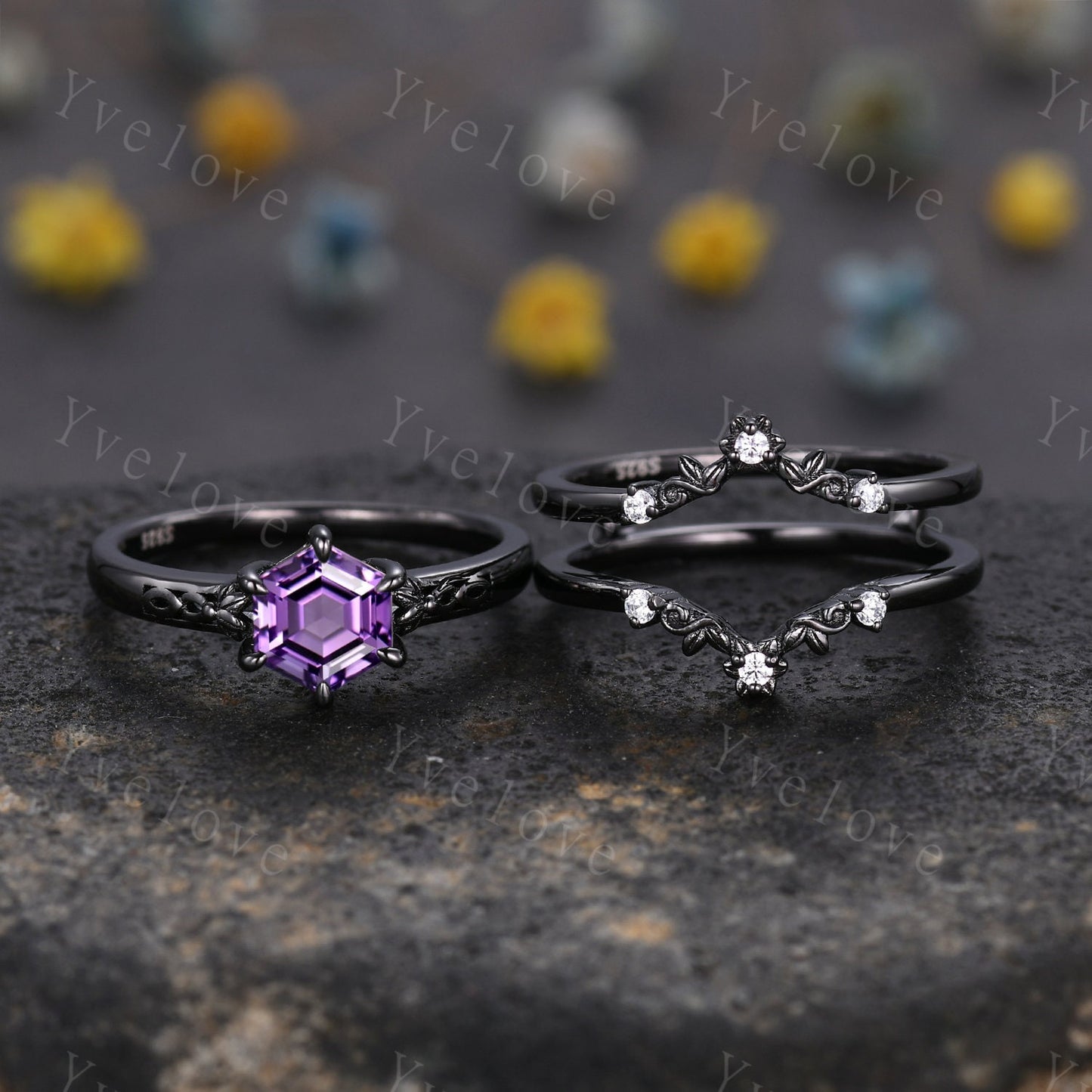 Hexagon Shaped Amethyst Engagement Ring Set Black Silver Band Vintage Amethyst Wedding Ring Enhancer Band Art Deco Bridal Set For Women