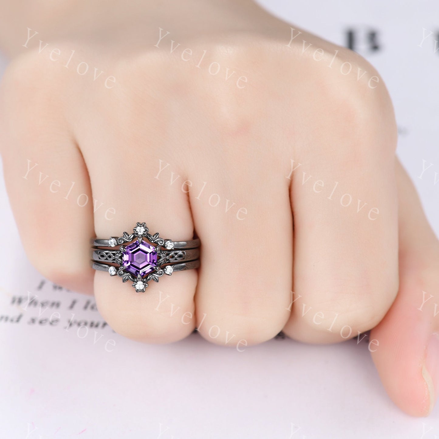 Hexagon Shaped Amethyst Engagement Ring Set Black Silver Band Vintage Amethyst Wedding Ring Enhancer Band Art Deco Bridal Set For Women