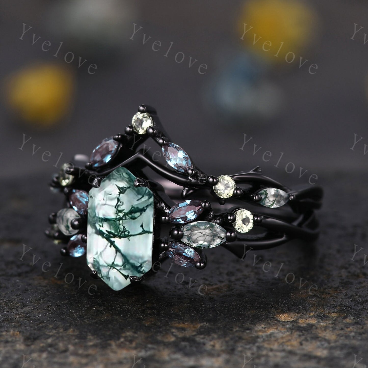 Vintage Hexagon Moss Agate Engagement Ring,Silver Black,Alexandrite Peridot Ring,Women Bridal Set,Unique Twig Anniversary Promise Ring Gift